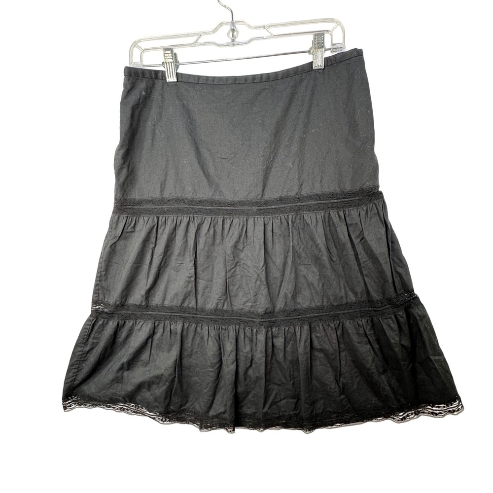 BCBGMAXAZRIA Tiered Lace Trim Skirt Womens 8 Black Boho Romantic Whimsigoth